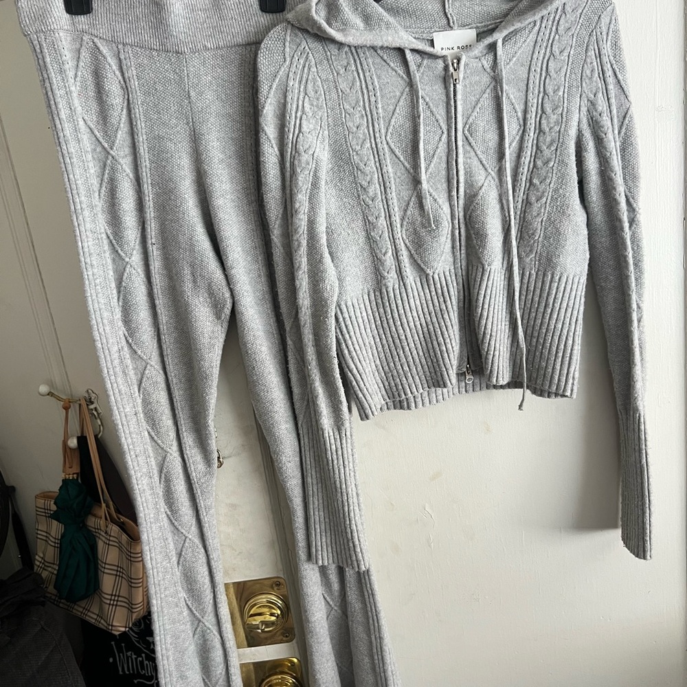 Pink Rose Light Gray Cable Knit Hoodie & Pants Set